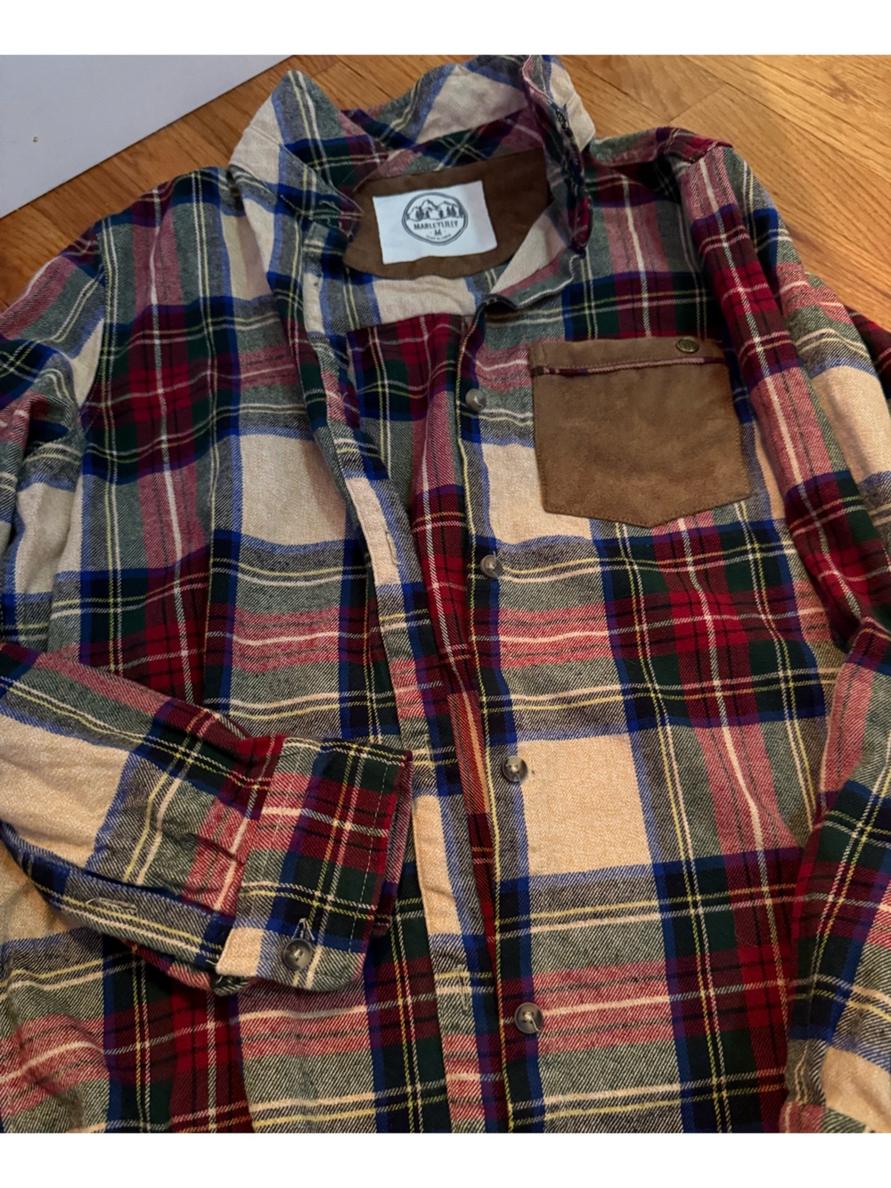Marleylilly plaid flannel shirt featuring a suede-like chest pocket